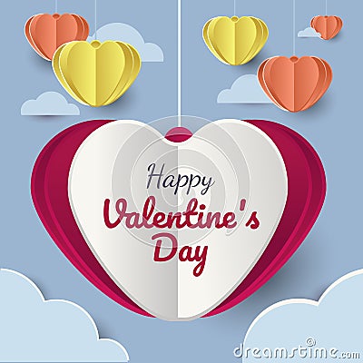 Valentineâ€™s day background with hanging hearts cut paper, party invitation, craft paper. Flat vector illustration Cartoon Illustration